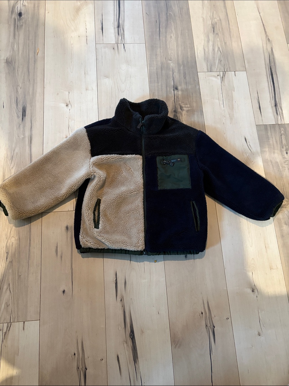 Zara Colorblock Sherpa Jacket - Navy, Green & Beige s7